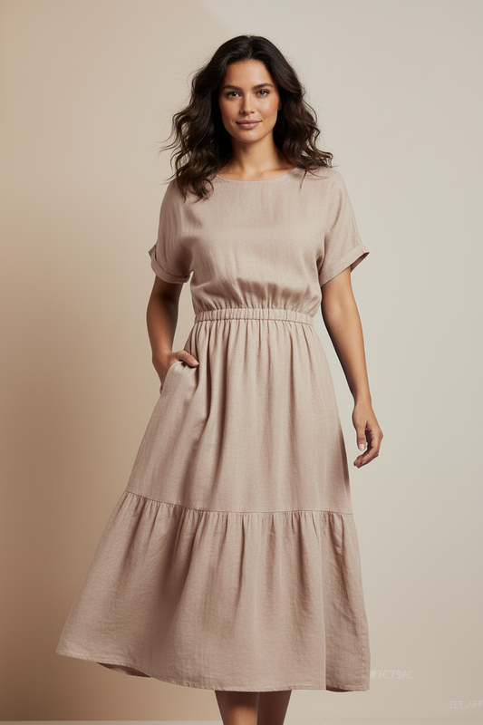 Beige Tiered Midi Dress