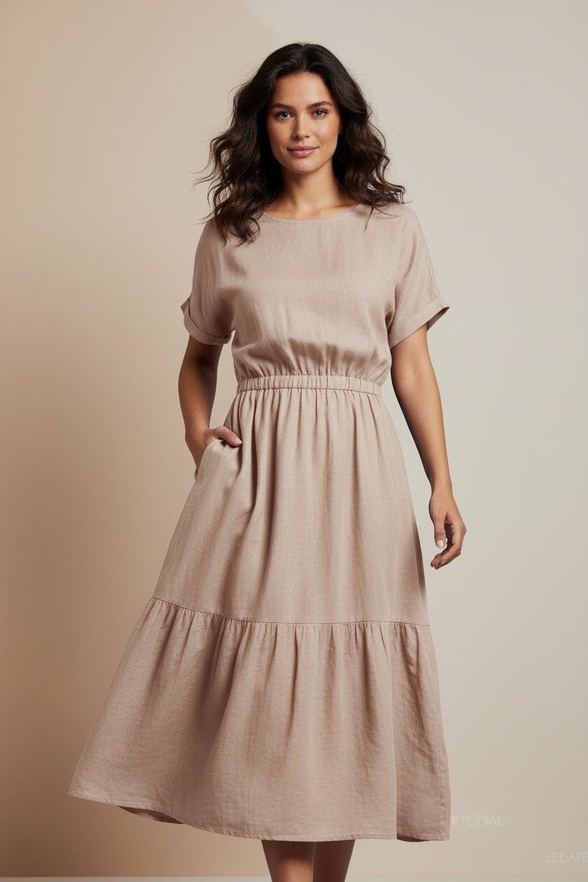 Beige Tiered Midi Dress