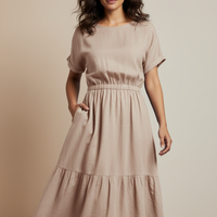 Beige Tiered Midi Dress