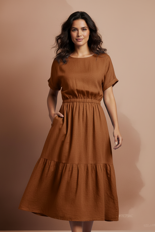 Brown Tiered Midi Dress