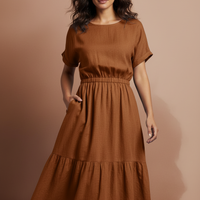 Brown Tiered Midi Dress