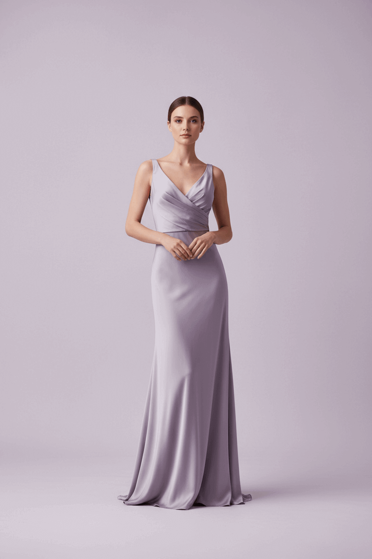 Woman wearing a long, light purple dress against a plain background