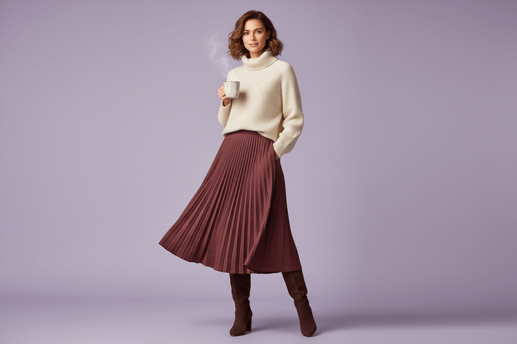 Woman wearing a cream sweater and brown pleated skirt on a purple background