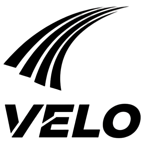 White 'VELO' logo on a black background