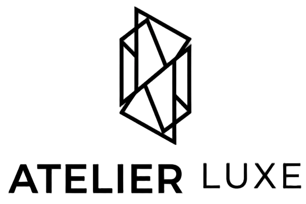 Logo of Atelier Luxe with a geometric design on a black background