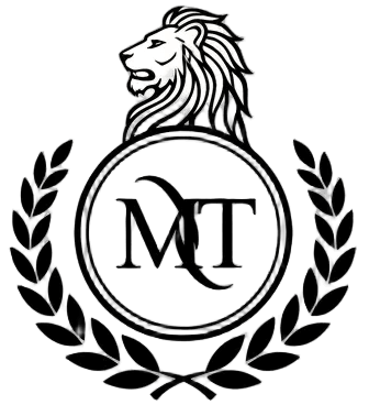 Logo with a lion and initials 'MT' surrounded by laurel leaves on a black background