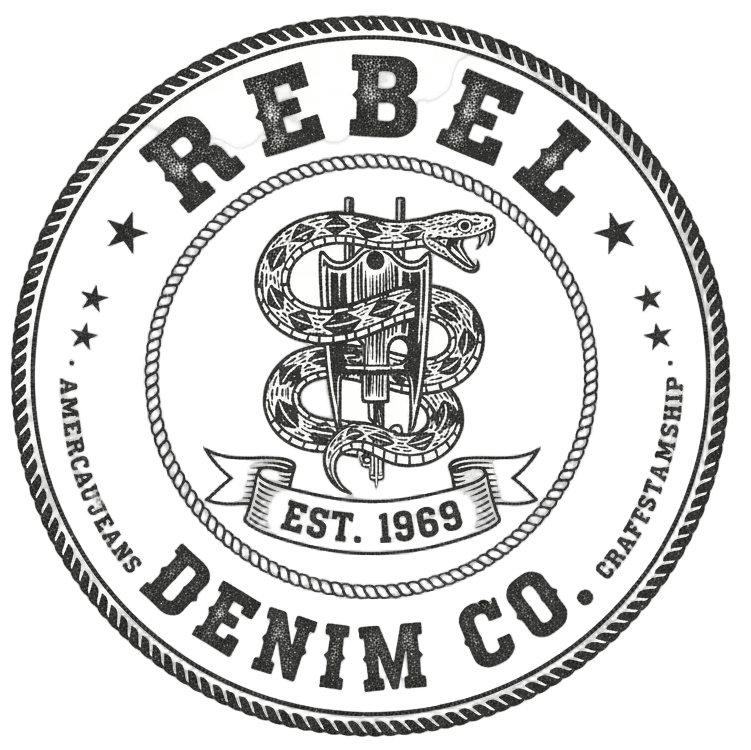 Rebel Denim Co. logo with a snake design on a black background