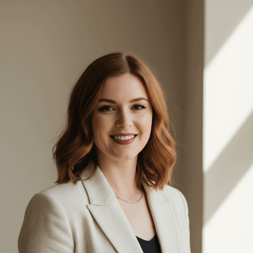Woman in a beige blazer smiling in a softly lit room