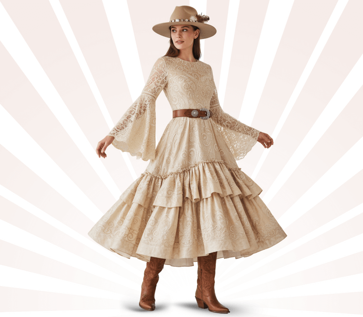 Woman wearing a beige lace dress with a hat and boots on a white background