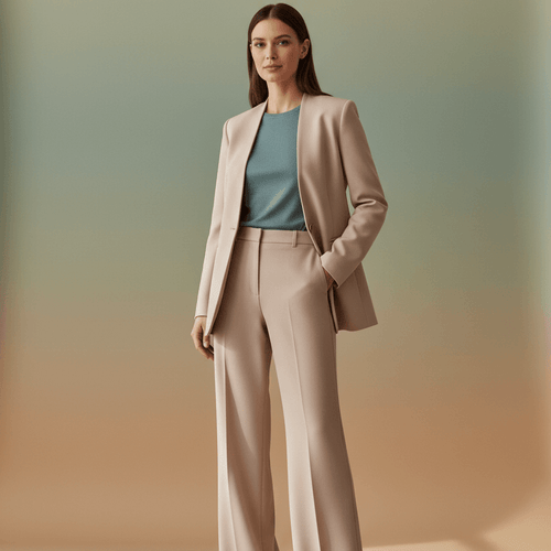 Woman wearing a beige suit and blue top against a gradient background