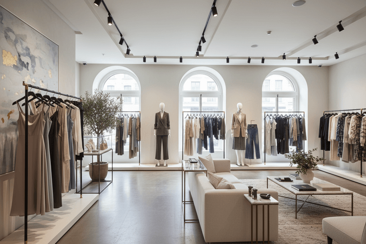 Modern clothing store interior with racks of clothes and a sofa.