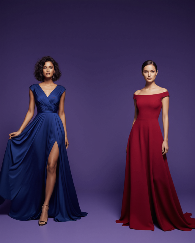 Two women wearing elegant evening gowns on a purple background