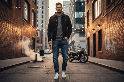 Man standing in an urban alley with a motorcycle and city buildings in the background
