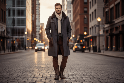 Man in a long coat standing on a city street at dusk