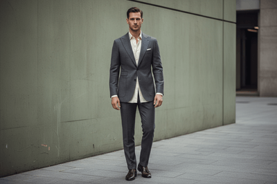 Man in a gray suit standing against a gray wall.
