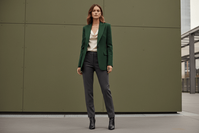 Woman wearing a green blazer and gray pants standing against a plain wall.