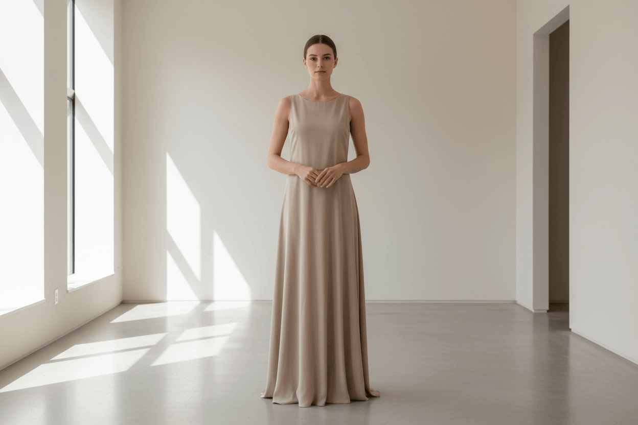 Woman in a long, light-colored dress standing in a bright room with large windows.