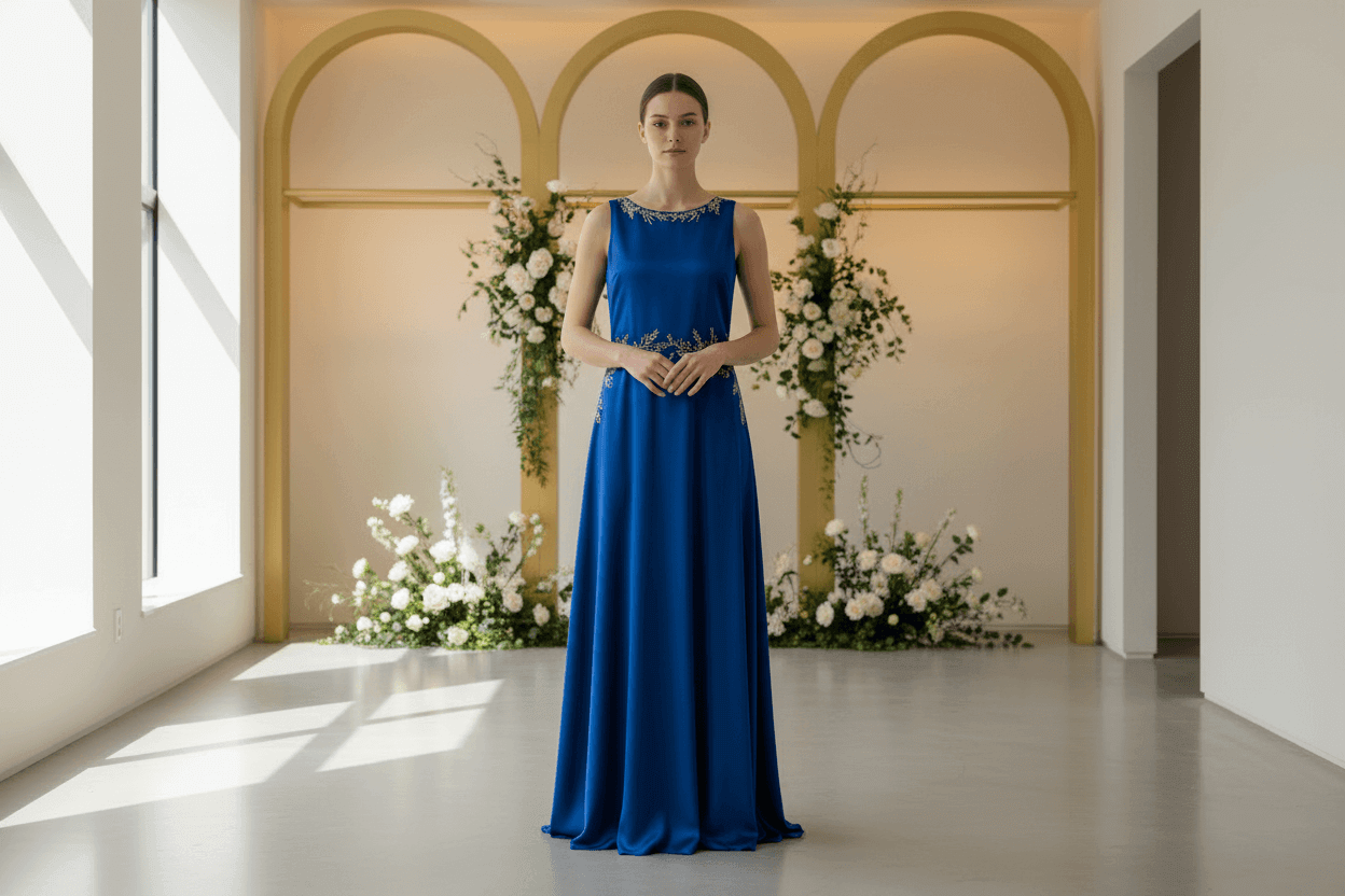 Woman in a blue dress standing in a well-lit room with floral decorations.