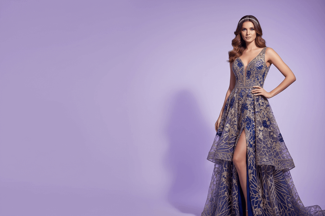 Woman wearing a floral evening gown on a purple background