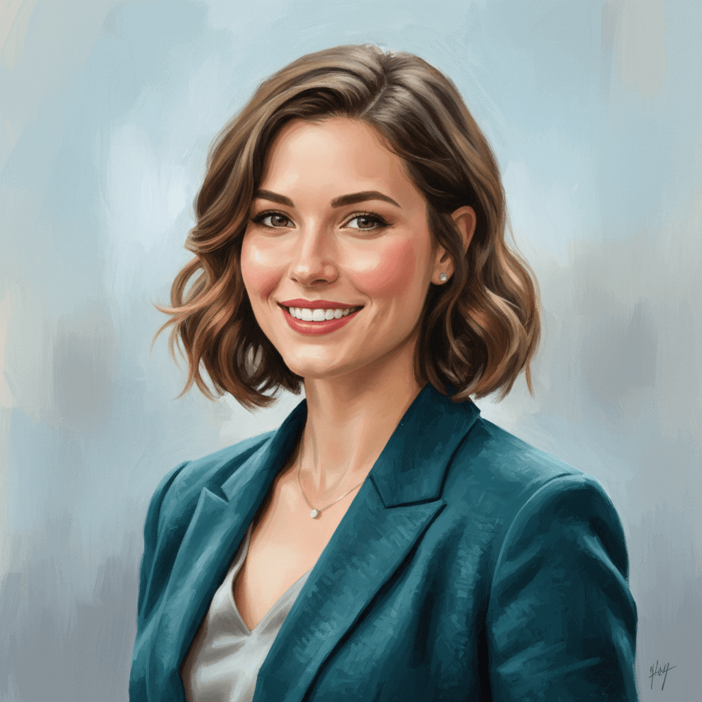 Woman wearing a teal blazer against a light blue background