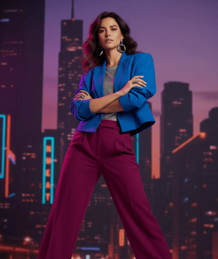 Woman in a blue jacket and purple pants standing in front of a city skyline at night.