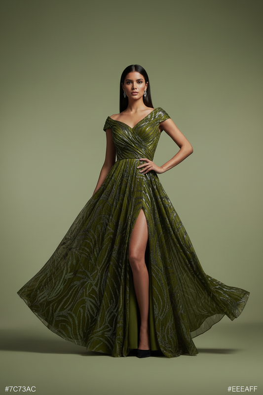 Olive Green Embellished Evening Gown