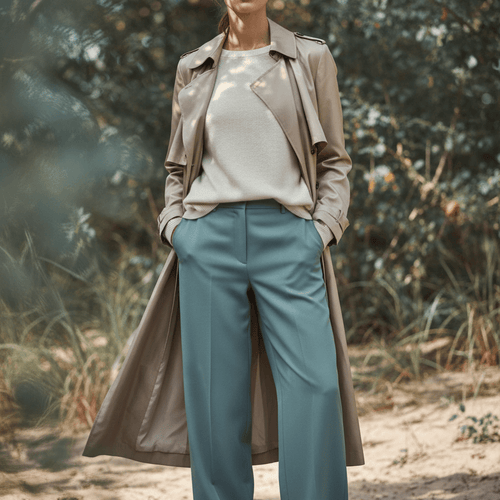 Woman standing outdoors wearing a long coat, light shirt, and teal pants.