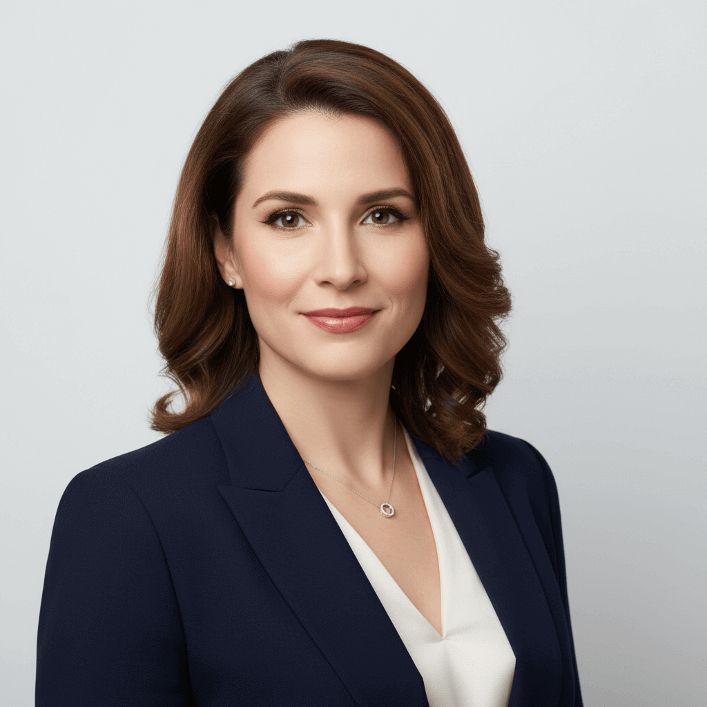 Woman wearing a navy blazer and white shirt against a light gray background