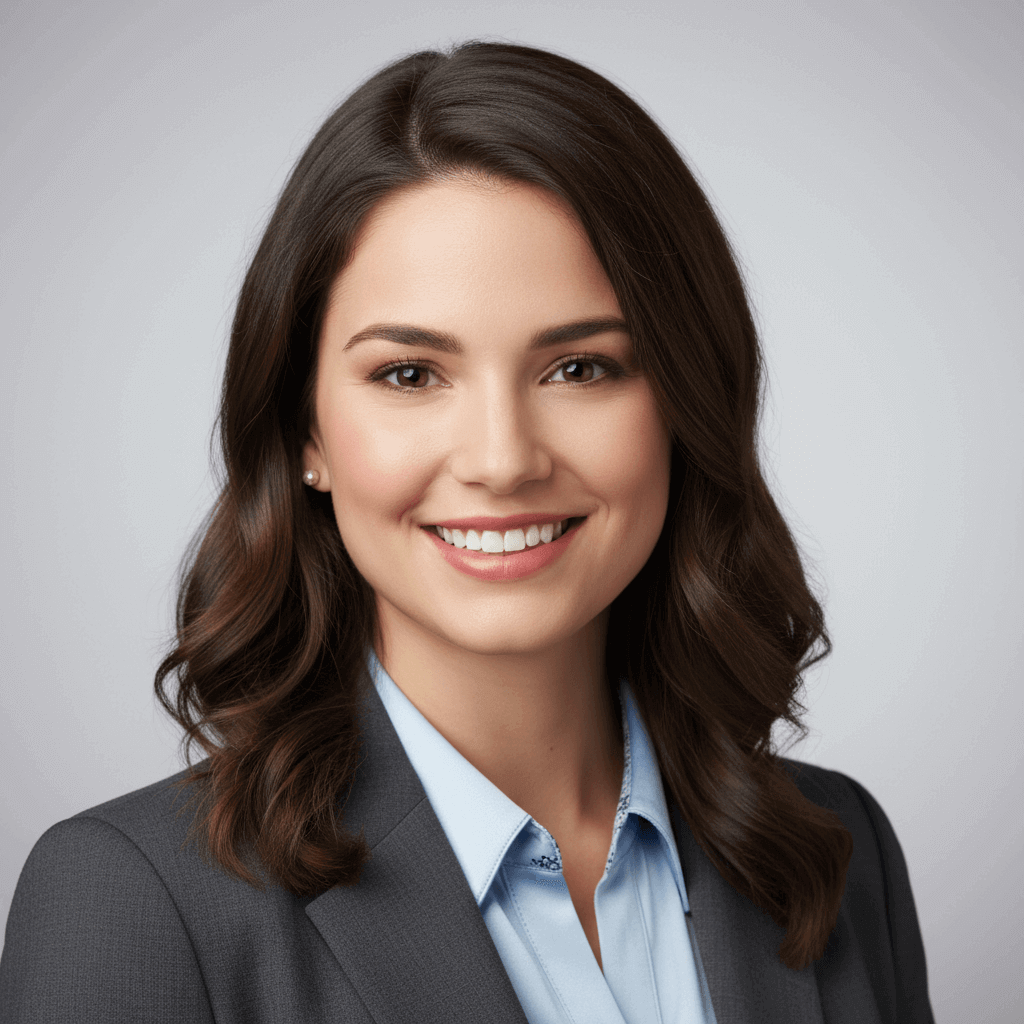 Woman wearing a gray blazer and light blue shirt against a gray background