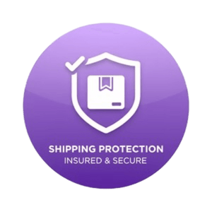 Purple circular icon with a white shield and包裹 symbol, labeled 'Shipping Protection Insured & Secure'.