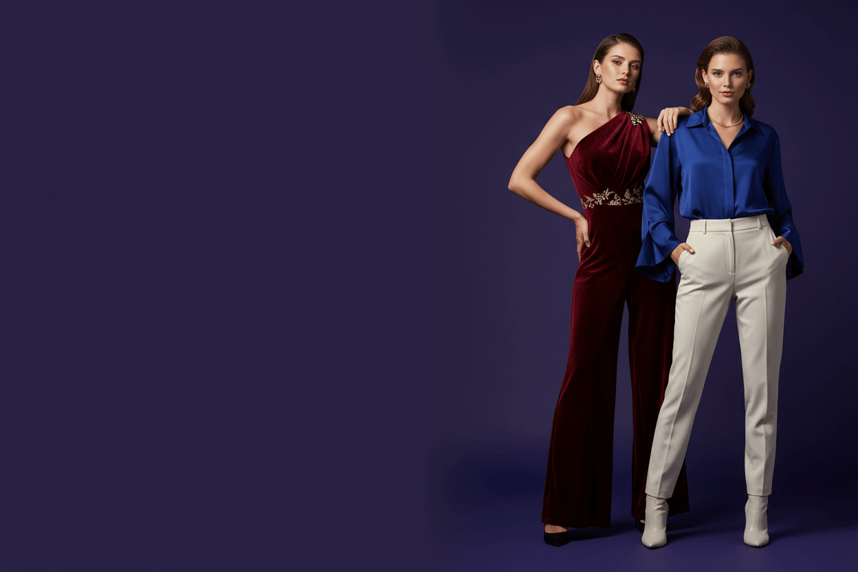 Two women posing against a purple background wearing stylish outfits.