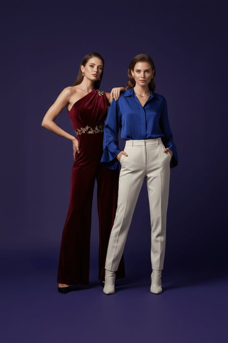 Two women posing against a purple background wearing stylish outfits.
