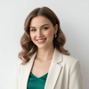 Woman wearing a white blazer over a green top against a plain background