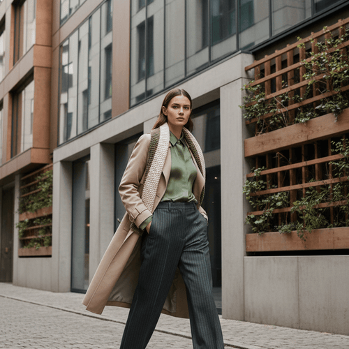 Woman in a long coat walking on a city street with modern buildings in the background