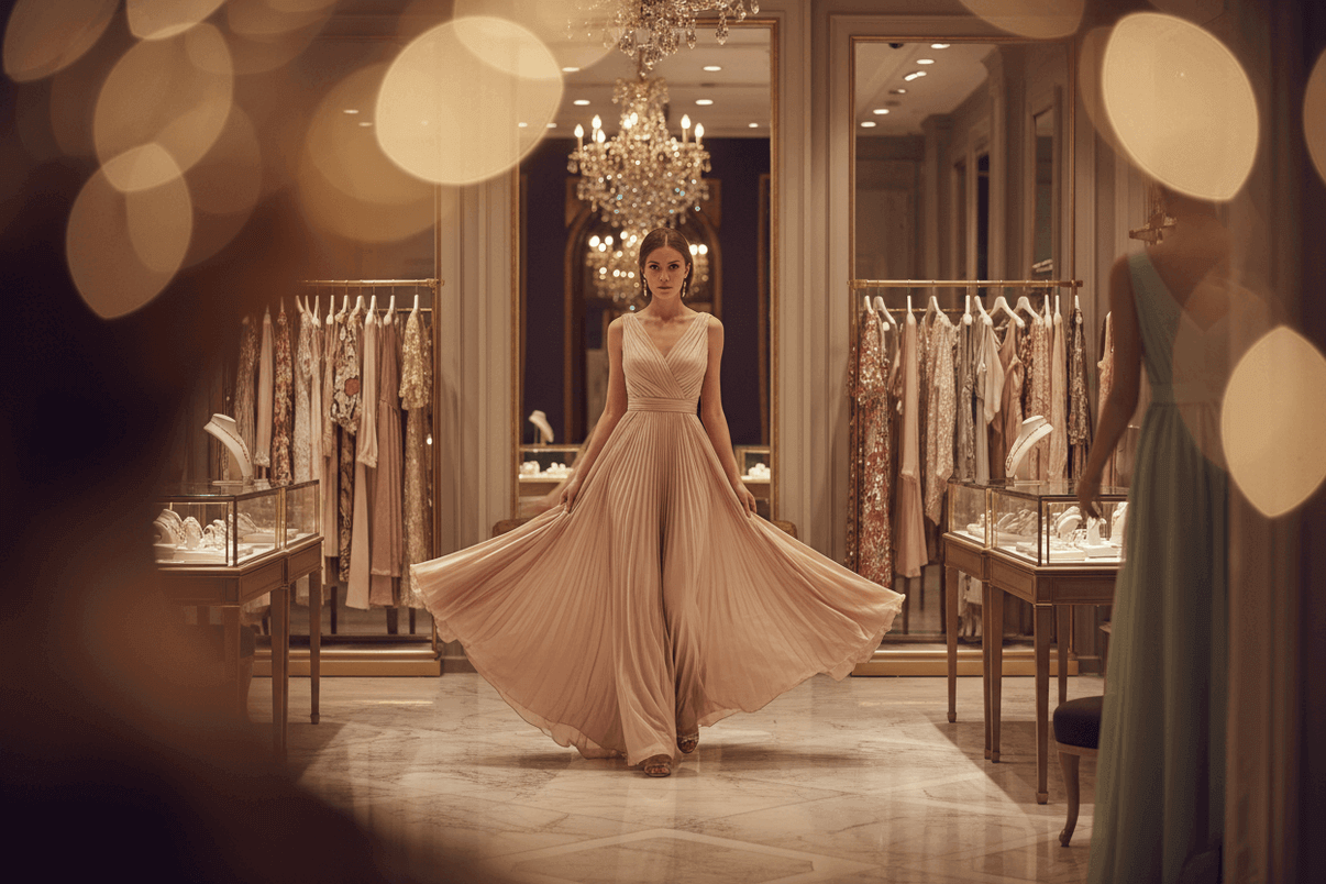 Woman in a long beige dress standing in a high-end clothing store with blurred lights in the foreground