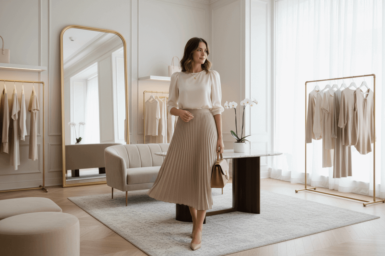 Woman in a stylish outfit standing in a modern interior setting with clothing racks and furniture.