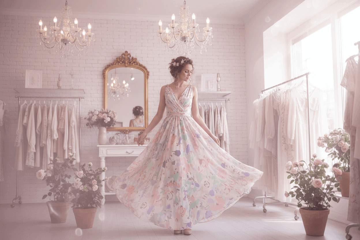 Woman in a floral dress standing in a stylish room with mirrors and flowers.