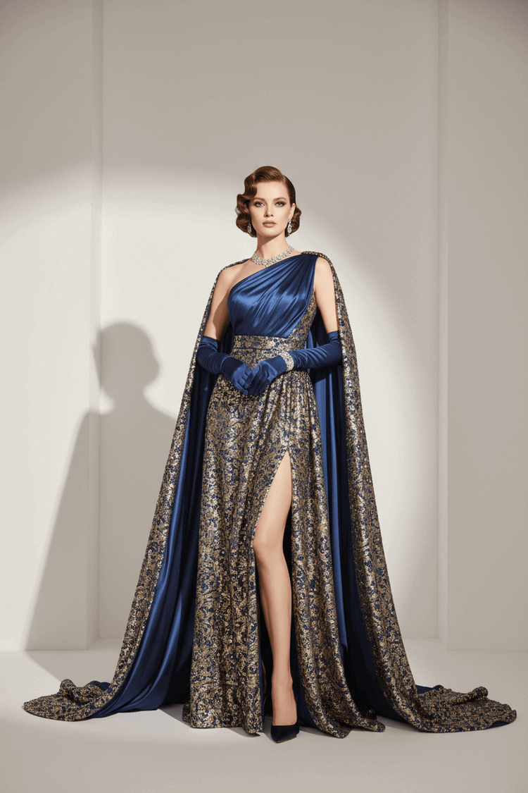 Woman wearing a blue and gold evening gown with a cape against a white background