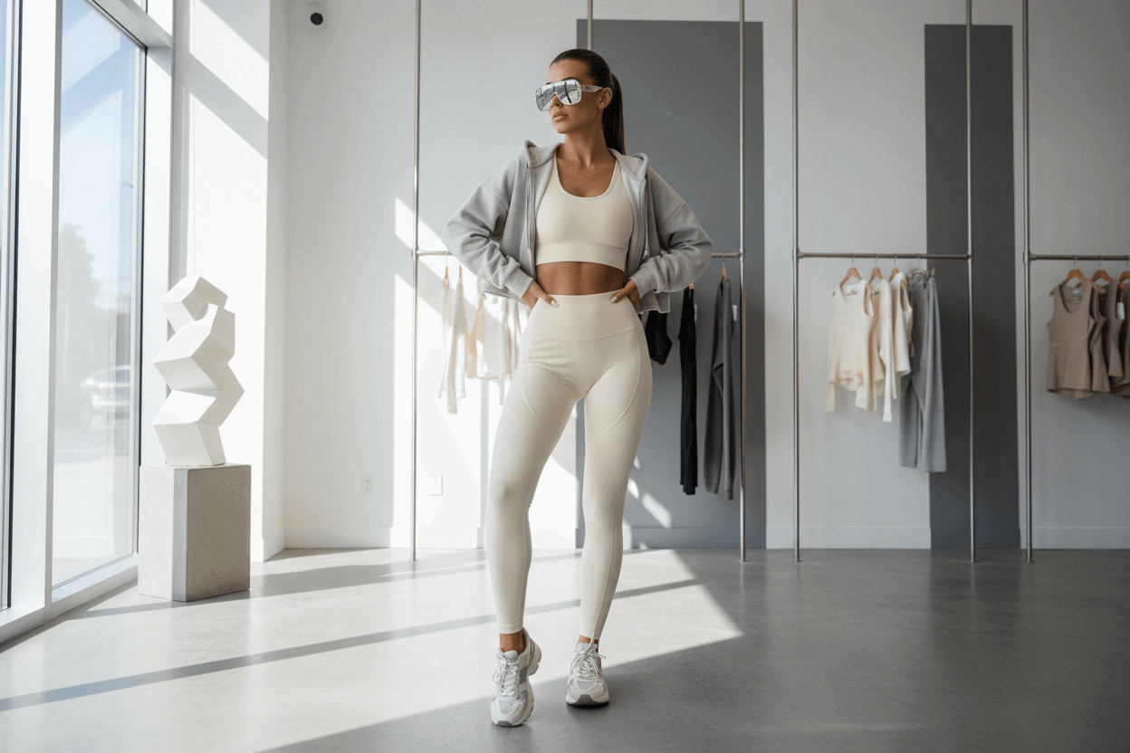 Woman in athletic wear standing in a modern room with large windows and clothing racks.