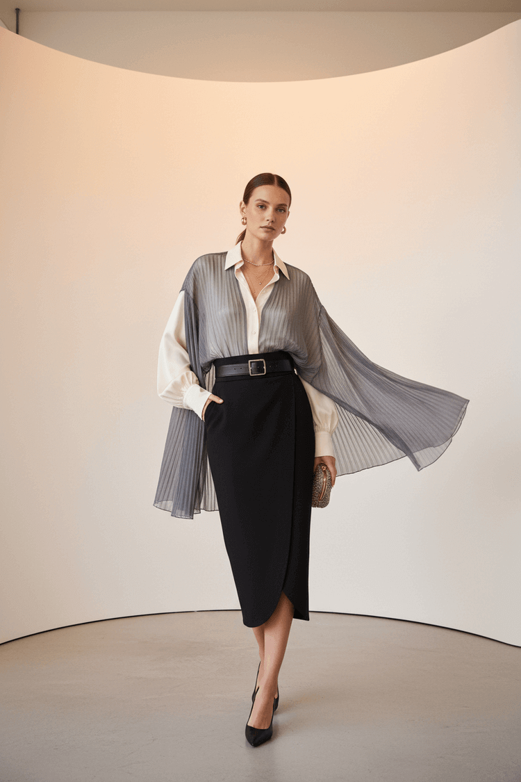 Woman wearing a black skirt and white shirt with a gray cardigan in a studio setting