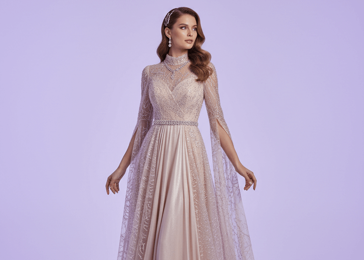 Woman wearing a elegant dress with intricate detailing on a light purple background